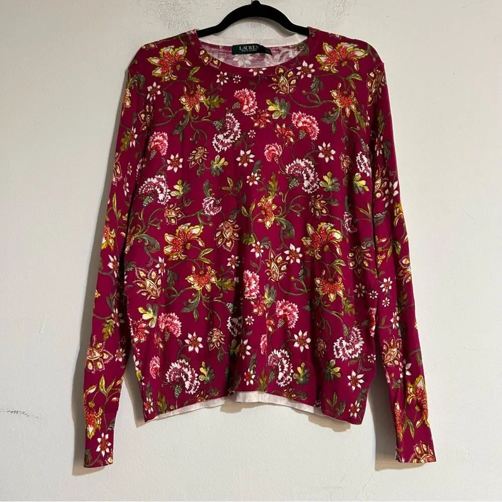 Lauren Ralph Lauren Floral Cotton Modal Blend Sweater Bright Fuchsia Multi XL